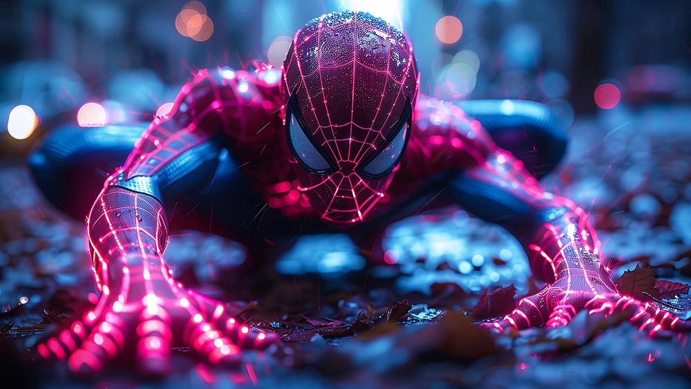 SpiderMan Neon Suit Fond d'écran 4K HD pour PC de bureau Mac ordinateur portable mobile iPhone Téléphone téléchargement gratuit arrière-plan ultraHD UHD