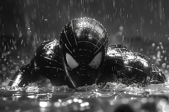 Fond d'écran Spiderman sous la pluie en noir et blanc 4K HD pour PC Bureau mac portable mobile iPhone téléchargement gratuit arrière-plan ultraHD UHD