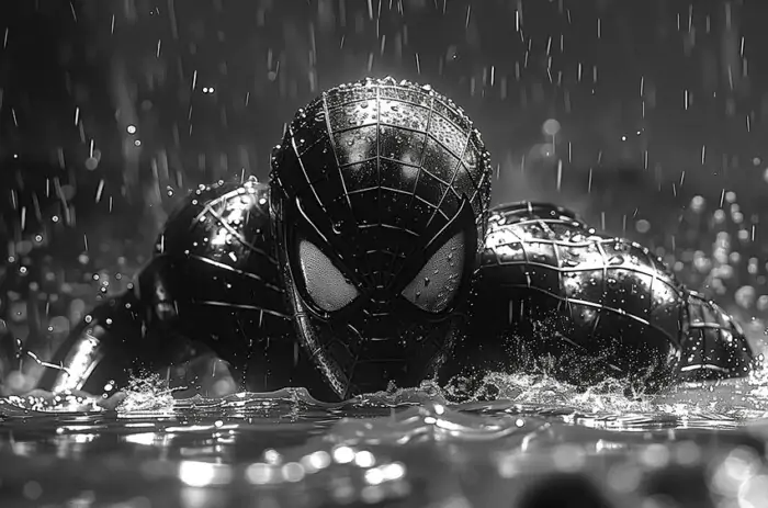 Fond d'écran Spiderman sous la pluie en noir et blanc 4K HD pour PC Bureau mac portable mobile iPhone téléchargement gratuit arrière-plan ultraHD UHD