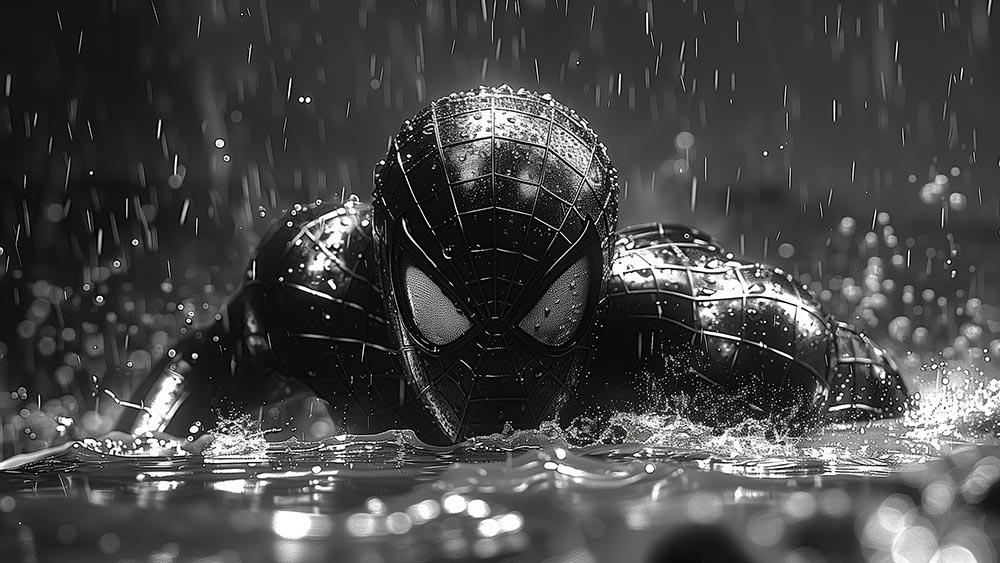 Fond d'écran Spiderman sous la pluie en noir et blanc 4K HD pour PC Bureau mac portable mobile iPhone téléchargement gratuit arrière-plan ultraHD UHD