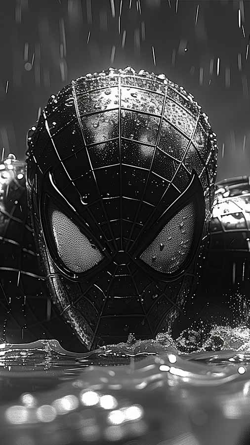 Fond d'écran Spiderman sous la pluie en noir et blanc 4K HD téléchargement gratuit pour téléphone Android et iPhone