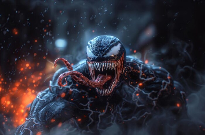 Fond d'écran Marvel Venom on fire 4K HD pour PC de bureau Mac ordinateur portable mobile iPhone téléphone téléchargement gratuit fond ultraHD UHD