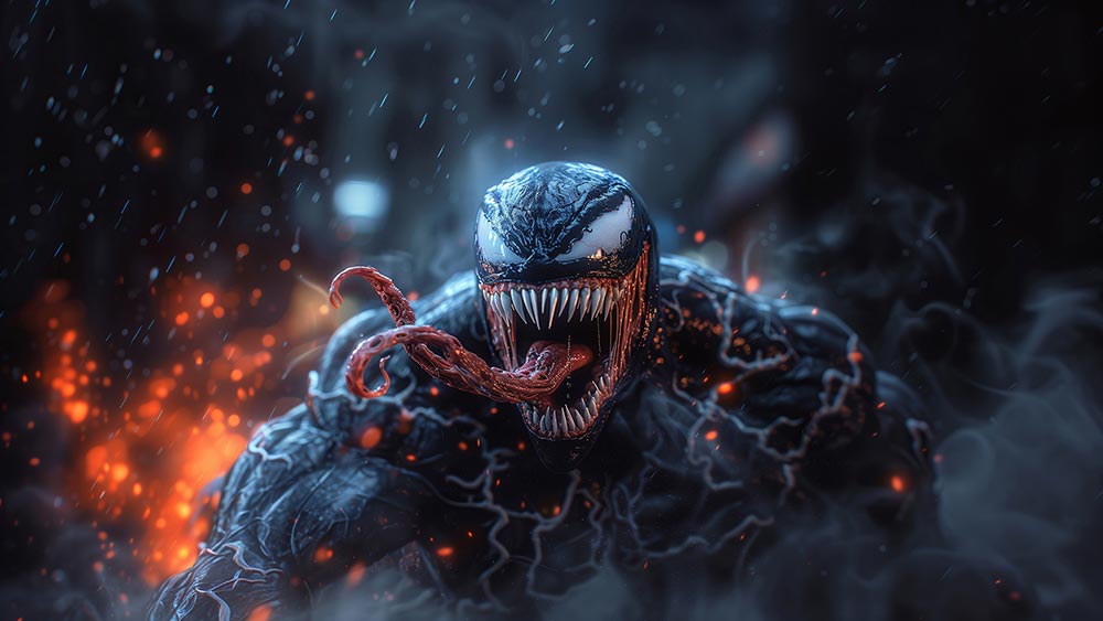 Fond d'écran Marvel Venom on fire 4K HD pour PC de bureau Mac ordinateur portable mobile iPhone téléphone téléchargement gratuit fond ultraHD UHD