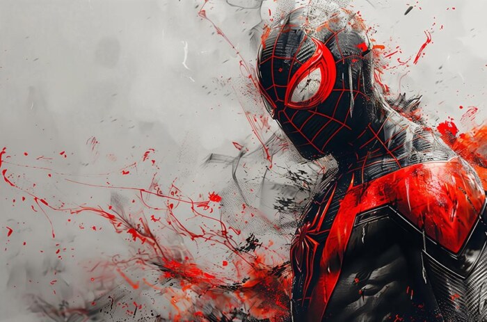 Fond d'écran Spiderman costume noir rouge 4K HD pour PC de bureau Mac ordinateur portable mobile iPhone téléphone téléchargement gratuit arrière-plan