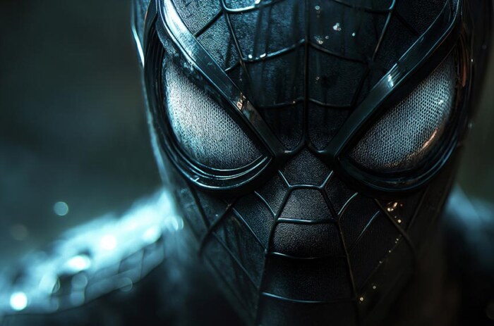 Fond d'écran Spiderman en Costume Noir Gros Plan 4K HD pour PC Bureau mac portable mobile iPhone téléchargement gratuit arrière-plan ultraHD UHD