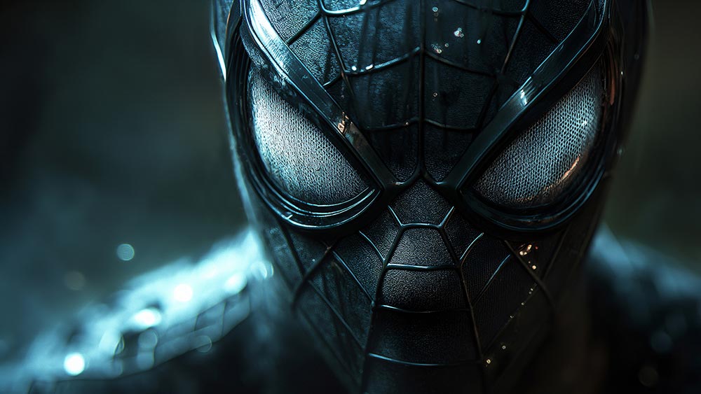 Fond d'écran Spiderman en Costume Noir Gros Plan 4K HD pour PC Bureau mac portable mobile iPhone téléchargement gratuit arrière-plan ultraHD UHD