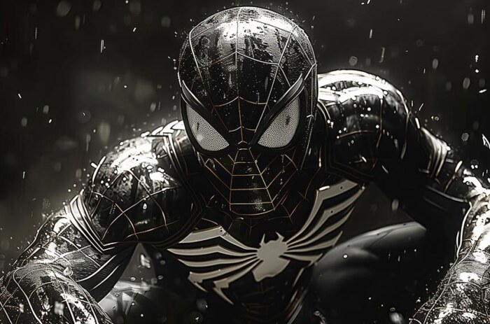 Fond d'écran Marvel Spiderman costume noir 4K HD pour PC Bureau mac portable mobile iPhone téléchargement gratuit arrière-plan ultraHD UHD