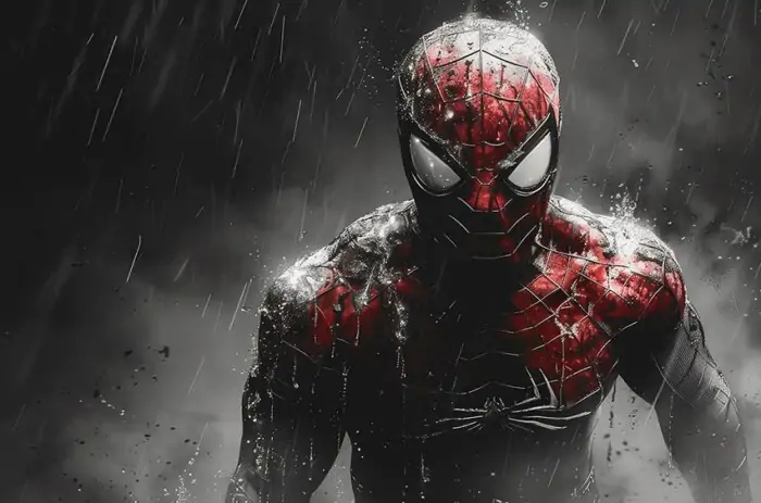 Fond d'écran peinture de Spiderman sous la pluie en 4K HD Poster pour PC Bureau mac portable mobile iPhone téléchargement gratuit arrière-plan ultraHD UHD