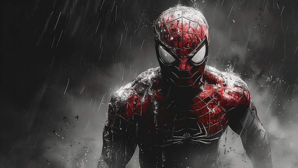Fond d'écran peinture de Spiderman sous la pluie en 4K HD Poster pour PC Bureau mac portable mobile iPhone téléchargement gratuit arrière-plan ultraHD UHD