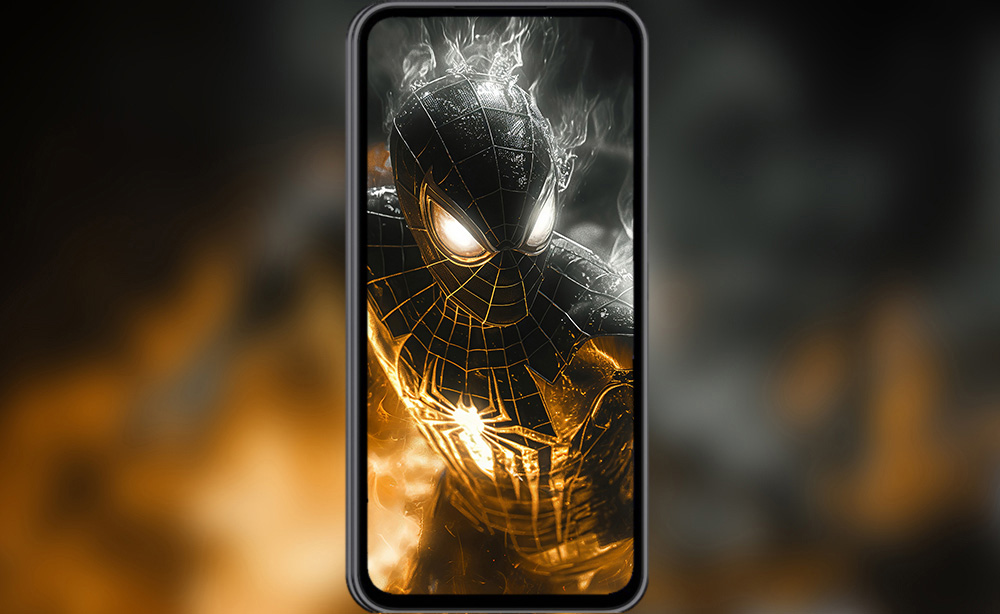 Fond d'écran Spiderman en Costume Doré 4K HD Poster pour PC Bureau mac portable mobile iPhone téléchargement gratuit arrière-plan ultraHD UHD
