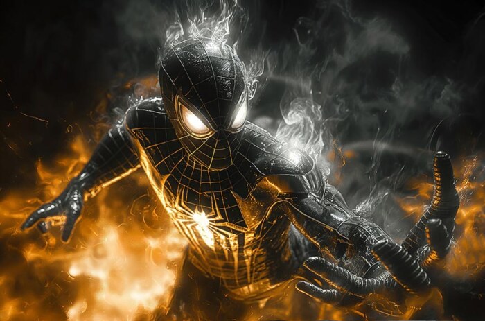 Fond d'écran Spiderman en Costume Doré 4K HD Poster pour PC Bureau mac portable mobile iPhone téléchargement gratuit arrière-plan ultraHD UHD