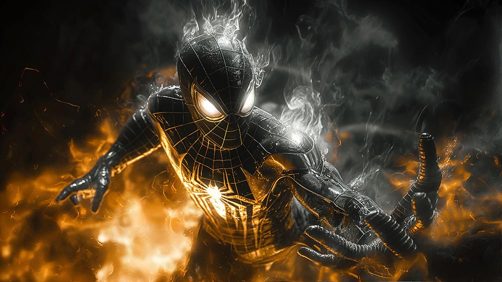 Fond d'écran Spiderman en Costume Doré 4K HD Poster pour PC Bureau mac portable mobile iPhone téléchargement gratuit arrière-plan ultraHD UHD