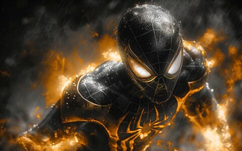 Fond d'écran Spiderman Costume Doré 4K HD Poster pour PC Bureau mac portable mobile iPhone téléchargement gratuit arrière-plan ultraHD UHD