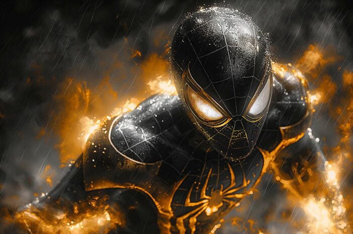 Fond d'écran Spiderman Costume Doré 4K HD Poster pour PC Bureau mac portable mobile iPhone téléchargement gratuit arrière-plan ultraHD UHD