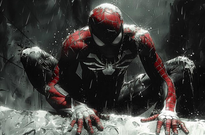 Fond d'écran Spiderman Nuit pluvieuse 4K HD Affiche pour PC Bureau mac portable mobile iPhone téléchargement gratuit arrière-plan ultraHD UHD