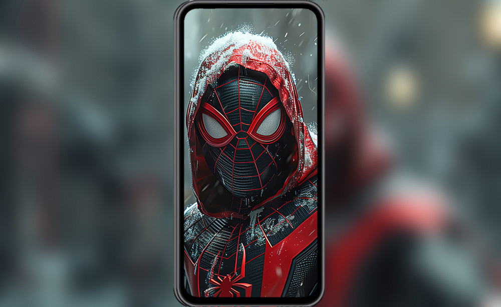Fond d'écran Spiderman dans la neige 4K HD Poster pour PC Bureau mac portable mobile iphone téléphone téléchargement gratuit arrière-plan ultraHD UHD