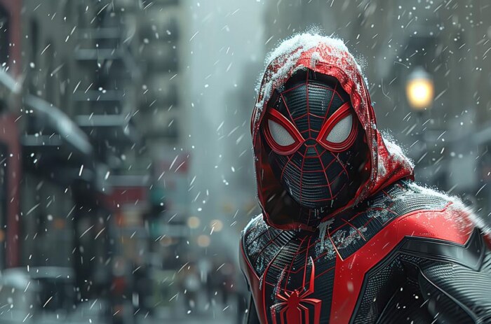 Fond d'écran Spiderman dans la neige 4K HD Poster pour PC Bureau mac portable mobile iphone téléphone téléchargement gratuit arrière-plan ultraHD UHD