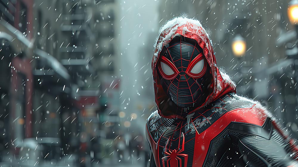 Fond d'écran Spiderman dans la neige 4K HD Poster pour PC Bureau mac portable mobile iphone téléphone téléchargement gratuit arrière-plan ultraHD UHD