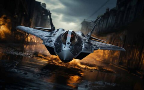 Avion de chasse F-22 Raptor sur piste mouillée avec nuages sombres en arrière-plan - fond d'écran HD 4K téléchargement gratuit