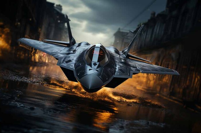 Avion de chasse F-22 Raptor sur piste mouillée avec nuages sombres en arrière-plan - fond d'écran HD 4K téléchargement gratuit