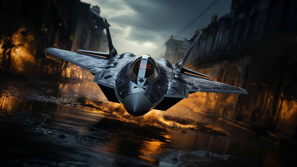 Avion de chasse F-22 Raptor sur piste mouillée avec nuages sombres en arrière-plan - fond d'écran HD 4K téléchargement gratuit