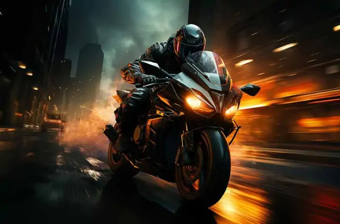 High-performance Speed demon motorcycle speeding through a city at night, high-resolution wallpaper 4K