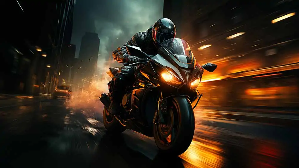 High-performance Speed demon motorcycle speeding through a city at night, high-resolution wallpaper 4K