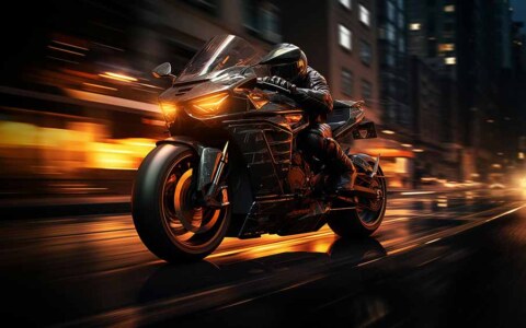 Fond d'écran de motocyclette roulant à toute allure dans les rues de la ville la nuit avec effet de flou dynamique en qualité HD & 4K
