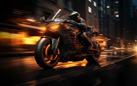 Motorcycle speeding through city street at night with dynamic motion blur effect wallpaper in HD & 4K quality