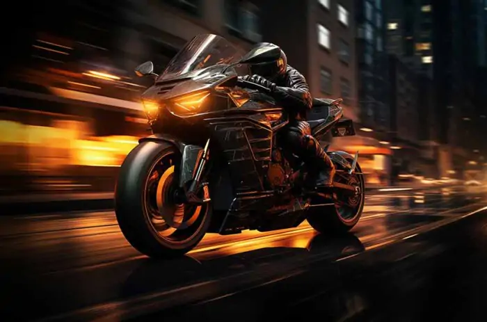 Fond d'écran de motocyclette roulant à toute allure dans les rues de la ville la nuit avec effet de flou dynamique en qualité HD & 4K