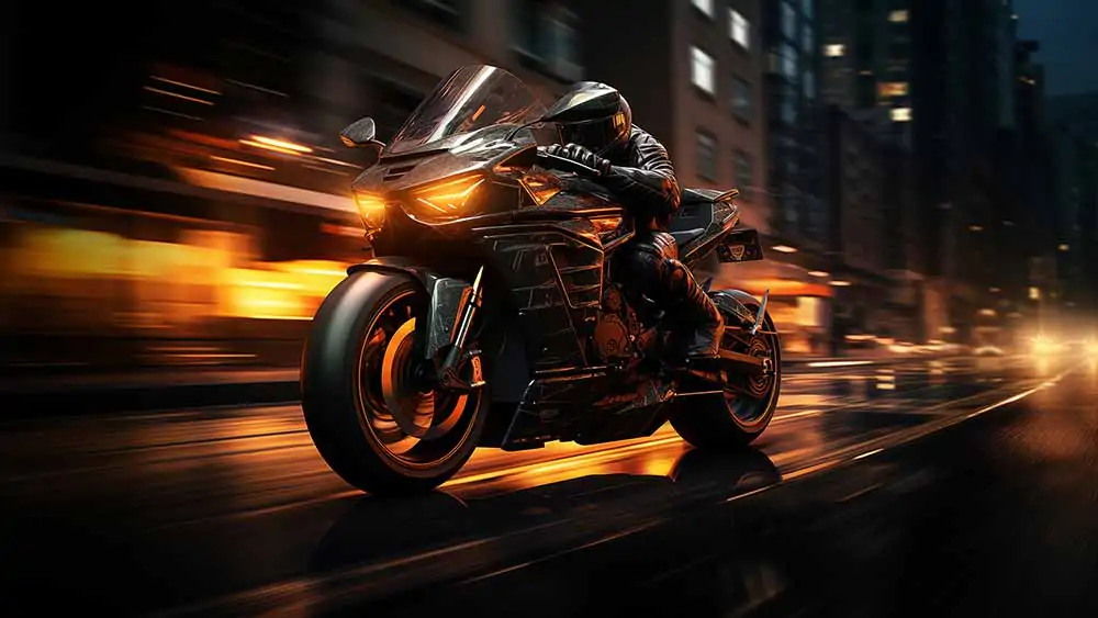 Motorcycle speeding through city street at night with dynamic motion blur effect wallpaper in HD & 4K quality