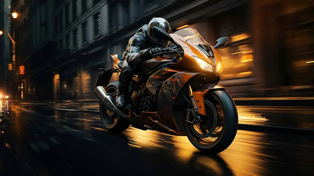 Motorcycle speeding through city streets at night wallpaper 4K HD free Download