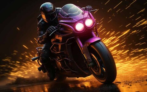 Moto violette, cavalier de nuit, fond d'écran, 4K, vitesse, action, étincelles, téléchargement gratuit