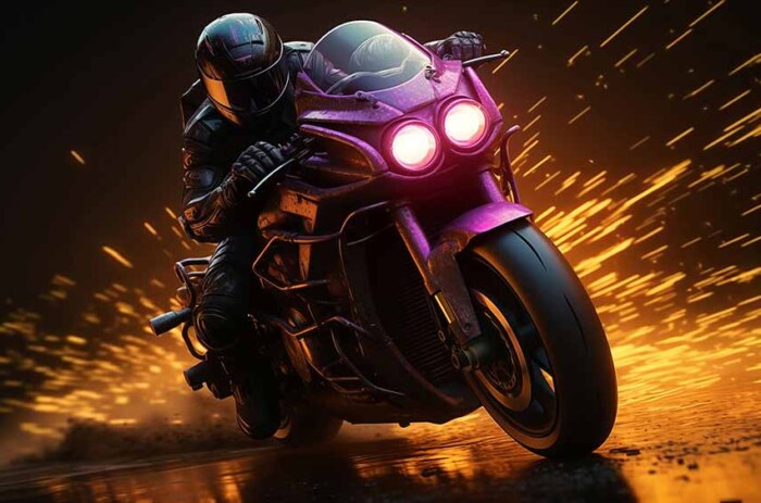 Moto violette, cavalier de nuit, fond d'écran, 4K, vitesse, action, étincelles, téléchargement gratuit