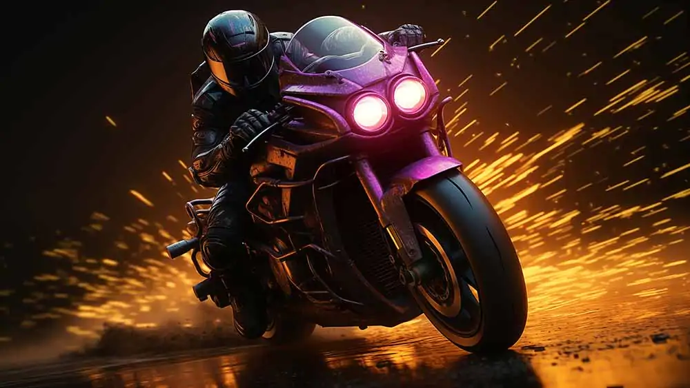 Purple motorcycle, night rider, wallpaper, 4K, speed, action, sparks, free download