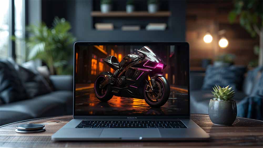 Moto noire futuriste avec néons violets garée dans une rue mouillée la nuit fond d'écran HD 4K à télécharger gratuitement