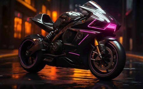 Moto noire futuriste avec néons violets garée dans une rue mouillée la nuit fond d'écran HD 4K à télécharger gratuitement