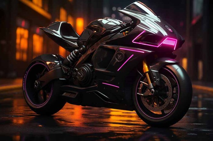 Moto noire futuriste avec néons violets garée dans une rue mouillée la nuit fond d'écran HD 4K à télécharger gratuitement