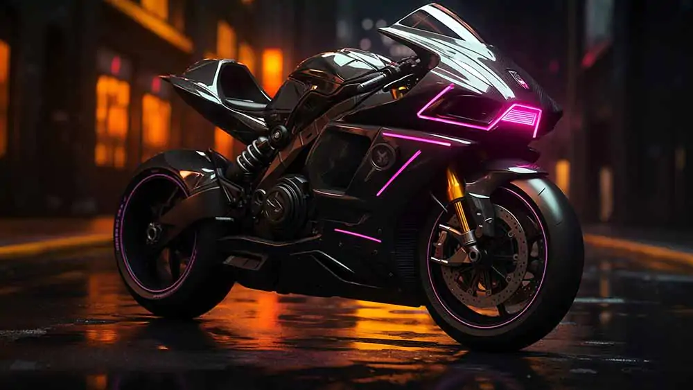 Futuristic black motorcycle with purple neon lights parked on a wet street at night wallpaper HD 4K free download