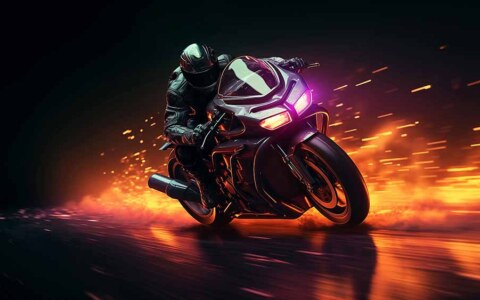 Motocycliste se penchant dans un virage sur une moto de sport avec des particules en arrière-plan, fond d'écran de course à grande vitesse HD, téléchargement arrière plan gratuit 4K