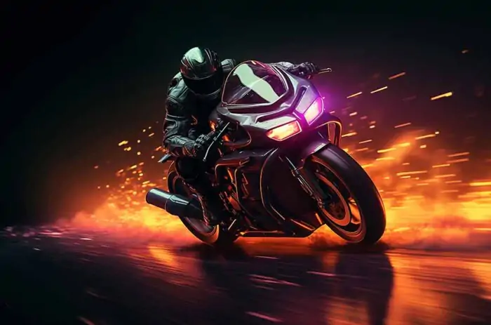 Motorcyclist leaning into a turn on a sport motorcycle with particles in the background, high-speed racing wallpaper HD, free 4K download