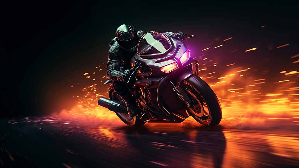 Motocycliste se penchant dans un virage sur une moto de sport avec des particules en arrière-plan, fond d'écran de course à grande vitesse HD, téléchargement arrière plan gratuit 4K