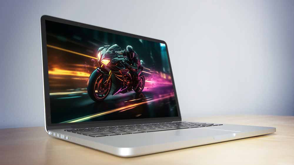 Motard cyberpunk aux néons, ville futuriste, lignes de vitesse, fond d'écran de scène de nuit 4K