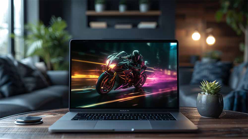 Motard cyberpunk aux néons, ville futuriste, lignes de vitesse, fond d'écran de scène de nuit 4K
