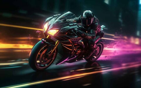 Motard cyberpunk aux néons, ville futuriste, lignes de vitesse, fond d'écran de scène de nuit 4K