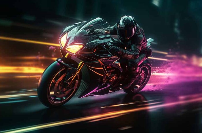 Motard cyberpunk aux néons, ville futuriste, lignes de vitesse, fond d'écran de scène de nuit 4K