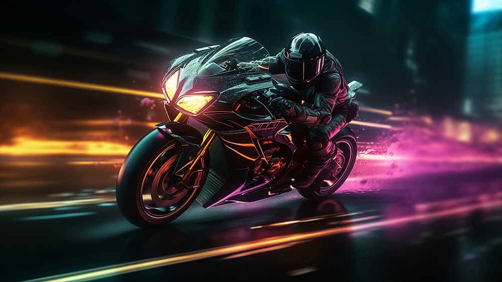 Motard cyberpunk aux néons, ville futuriste, lignes de vitesse, fond d'écran de scène de nuit 4K