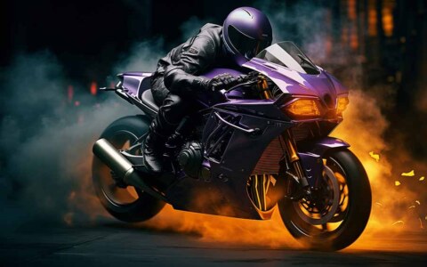Motocycliste en tenue agressive au guidon d'une moto de sport violette au milieu d'étincelles fond d'écran HD 4K gratuit