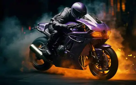 Motorcyclist in full gear aggressively riding purple sports bike amidst sparks wallpaper HD 4K free