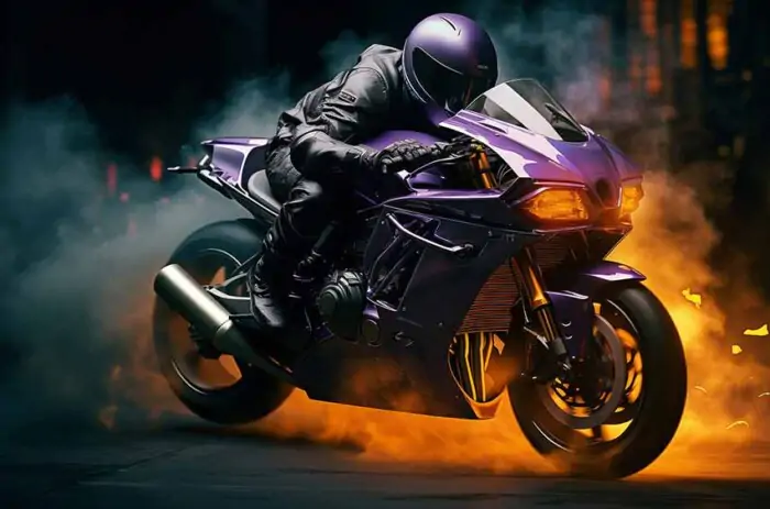 Motocycliste en tenue agressive au guidon d'une moto de sport violette au milieu d'étincelles fond d'écran HD 4K gratuit